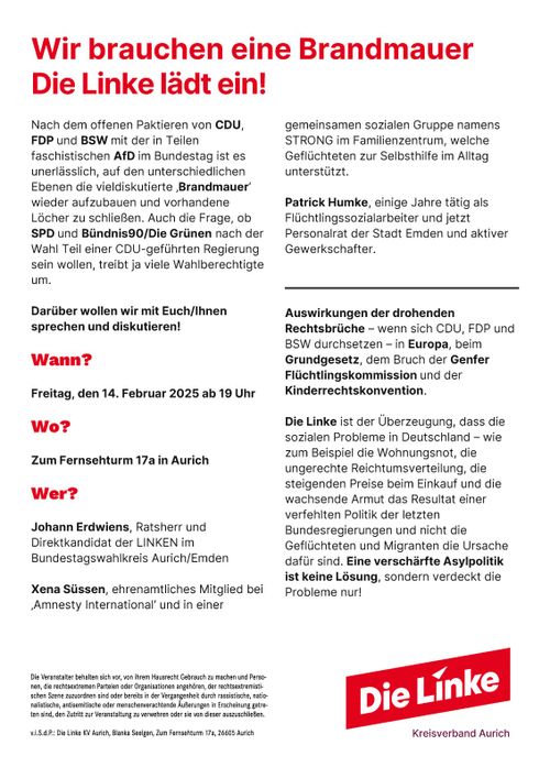 Wir brauchen eine Brandmauer, Die Linke lädt ein